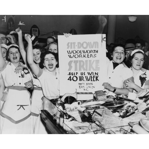 Female Employees Of Woolworth's Holding Sign Indicating They Are Striking For A 40 Hour Work...