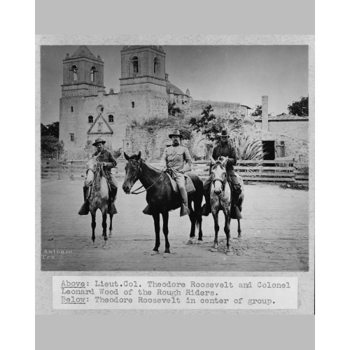 Theodore Roosevelt Posed On Horseback, In Uniform, Between Two Other Men Also On Horseback, In...