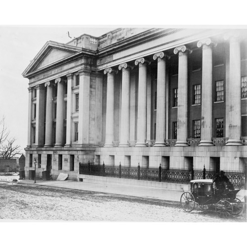 Facade Of The United States Treasury Building, Washington, D.C., With A Carriage On Street Near...