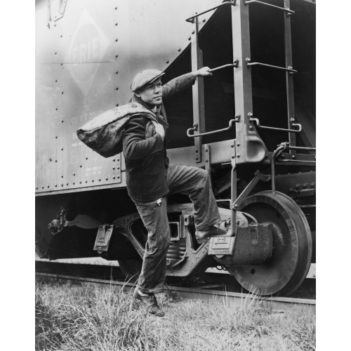 Lou Ambers With A Large Bag Over His Shoulder, Mounting The Ladder Of A Train Car, 1935