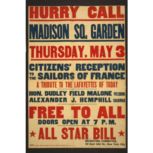 Hurry Call--Madison Sq. Garden Citizens' Reception To The Sailors Of France All Star Bill, 1917