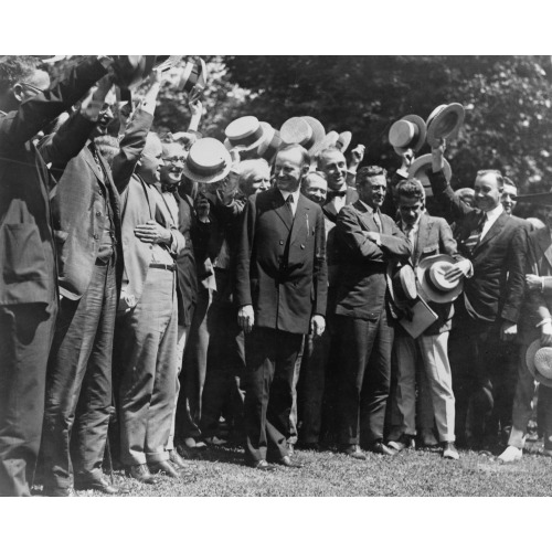 Newspapermen Cheering President Coolidge After Their First Conference With Him At The White...