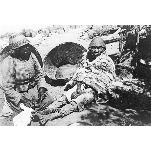 Two Old Paiute Indian Women With Baskets And Woven Hats, One Identified As Teha, 1902