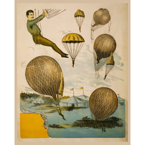 Aerial Balloon Performance With Tents And Audience Below, circa 1870