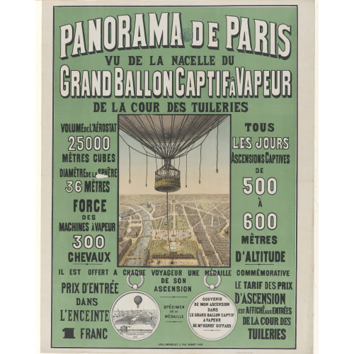 Panorama De Paris. Vu De La Nacelle Du Grand Ballon Captif A Vapeur De La Cour Des Tuileries, 1878