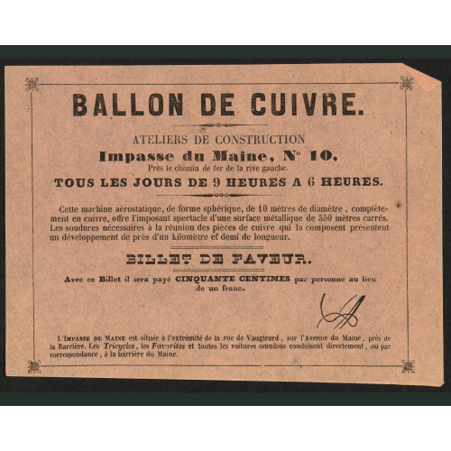 Ballon De Cuivre. Ateliers De Construction, Impasse Du Maine, No. 10, Pres Le Chemin De Fer De...