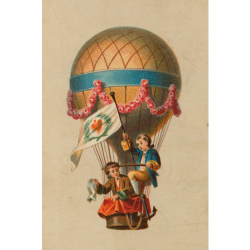 Card Shows Two Children Ascending In The Basket Of A Balloon Waving A Flag And Handkerchief...