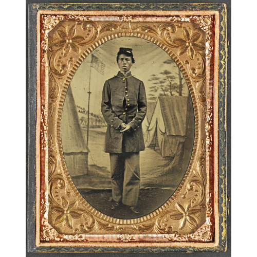 Standing Soldier, Frock Coat, Kepi, Painted Background, Dirt Floor, Done By Traveling Camp...