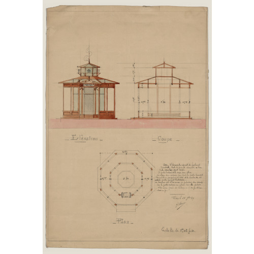 Architectural Drawing Showing Elevation, Cross Section, And Plan For A Hirondellier Militair, A...