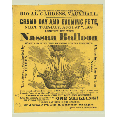 Royal Gardens, Vauxhall. Grand Day And Evening Fete, Next Tuesday, August 7, 1838. Ascent Of The...