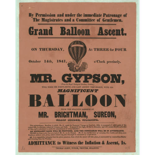 Grand Balloon Ascent, On Thursday, October 14th, 1841 Mr. Gypson, (From The Royal Zoological...