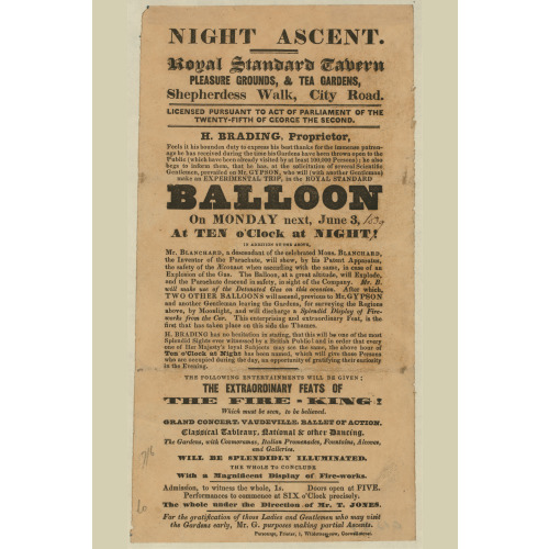 Night Ascent. Royal Standard Tavern, Pleasure Grounds & Tea Gardens H. Brading, Proprietor....