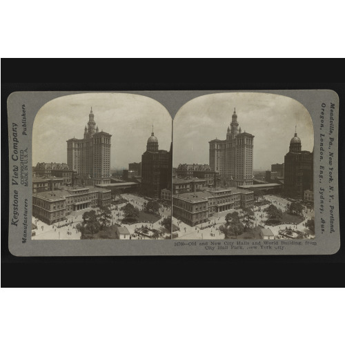 Old And New City Halls And World Building, From City Hall Park, New York City, 1916