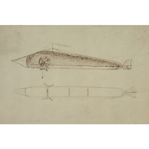 Two Views Of An Airship Shaped Like A Long Tube With A Pointed Nose, Propellers On The Side And...