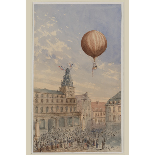 Balloon With Two Passengers Ascending Over A Town Square, With French Flags Flying From Tower...