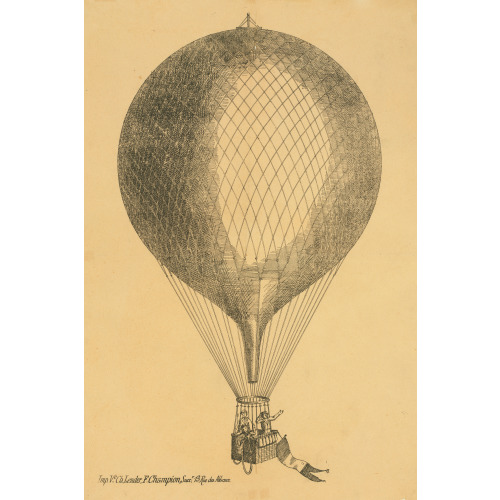 Three Men In Basket Of Ascending Balloon With Flag Attached
