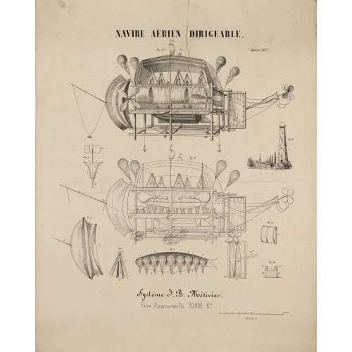 Navire Aerien Dirigeable. Systeme J.B. Metivier, Force Ascensionnelle 90,000 Kos., 1857