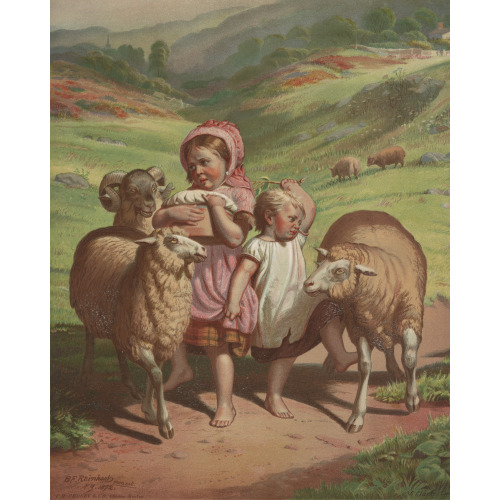 Two Children Among 2 Sheep And 1 Ram