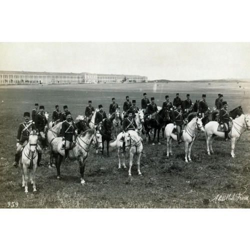 Officers Of A Regiment Of Lancers, On Horseback In Field In Front Of Barracks, circa 1880