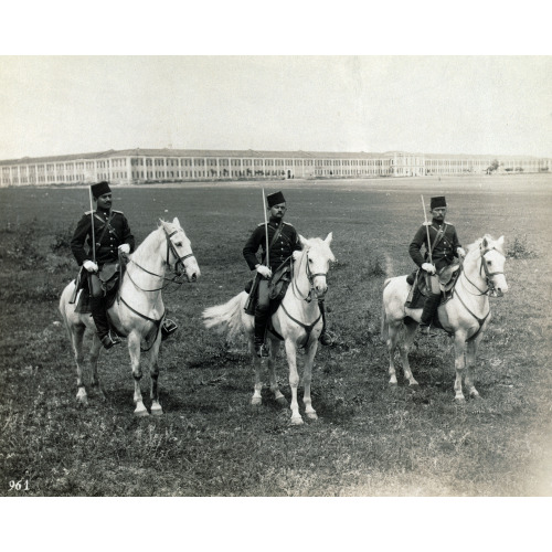 Three Officers Of Regiment Of Lancers On Horseback, In Field In Front Of Barracks(?), circa 1880