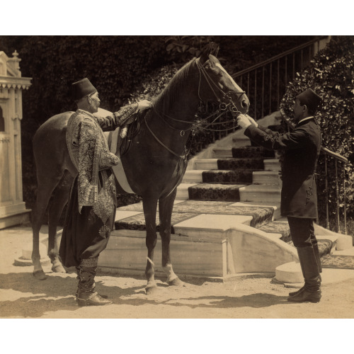 One Of Sultan Abdulhamid's Horses, With Two Men In Front Of A Stairway, circa 1880