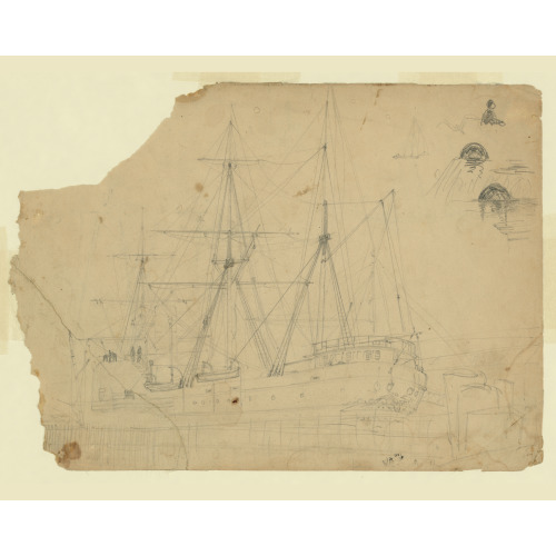 Steamship With Sidewheel And Three Masts At Dock, circa 1860