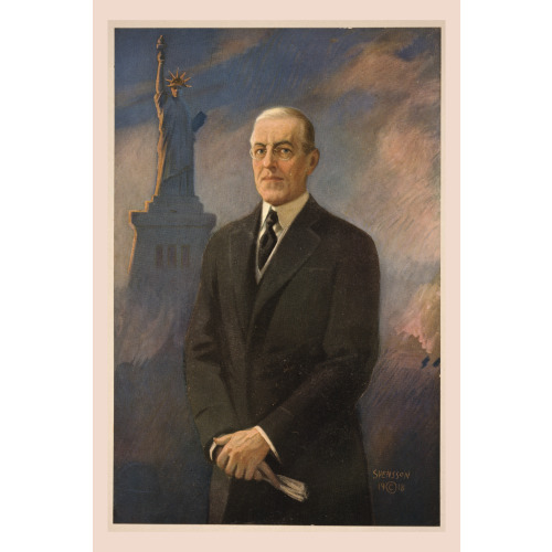 Woodrow Wilson, Half-Length Portrait, Standing, Facing Left, Statue Of Liberty In Background, 1919