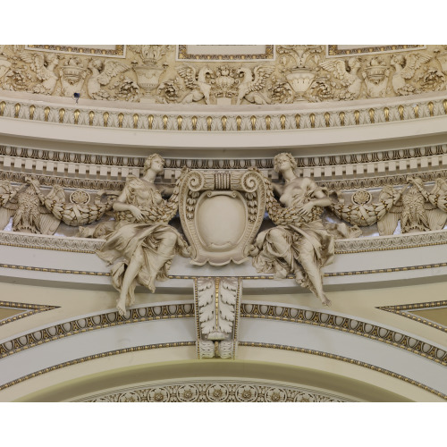 Main Reading Room. Detail Of Sculpture Showing A Cartouche Supported By Two Seated Female...