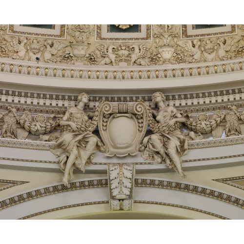 Main Reading Room. Detail Of Sculpture Showing A Cartouche Supported By Two Seated Female...