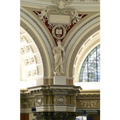 Main Reading Room. View Of Statue Of Religion By Theodore Baur On The Column Entablature Between...