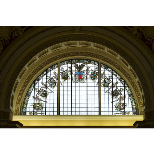 Main Reading Room. Semi-Circular Stained Glass Window In Alcove With Statues Of History And...
