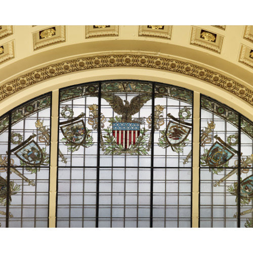 Main Reading Room. Semi-Circular Stained Glass Window In Alcove With Statues Of History And...