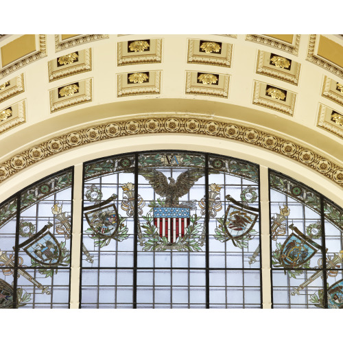 Main Reading Room. Detail Of Stained Glass Window And Coffered Arch Inside Alcove. Library Of...