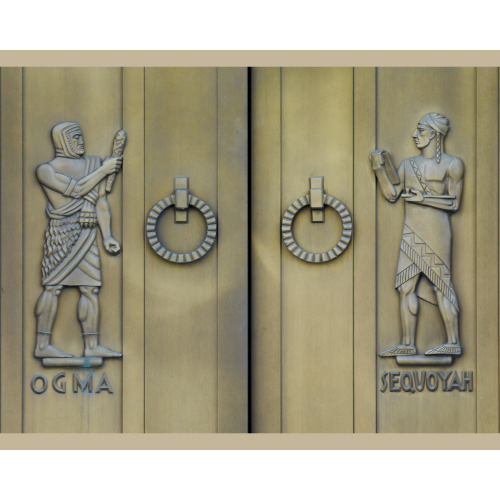 Exterior View. Door Detail, East Entrance. Ogma And Sequoyah, Sculpted Bronze Figures By Lee...
