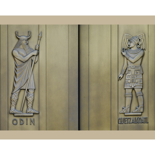 Exterior View. Door Detail, East Entrance. Odin And Quetzalcoatl, Sculpted Bronze Figures By Lee...