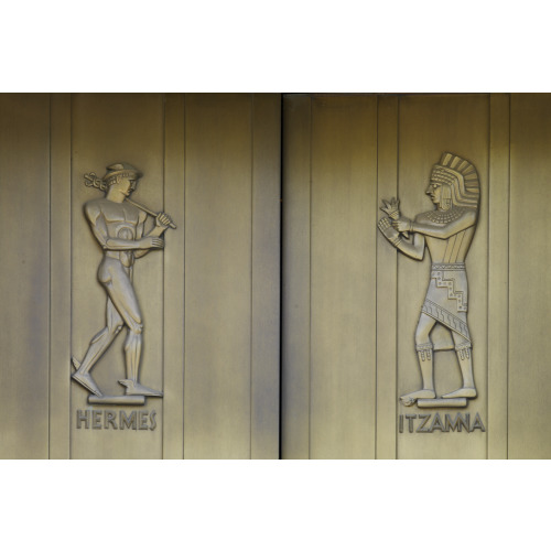 Exterior View. Door Detail, East Entrance. Hermes And Itzama, Sculpted Bronze Figures By Lee...