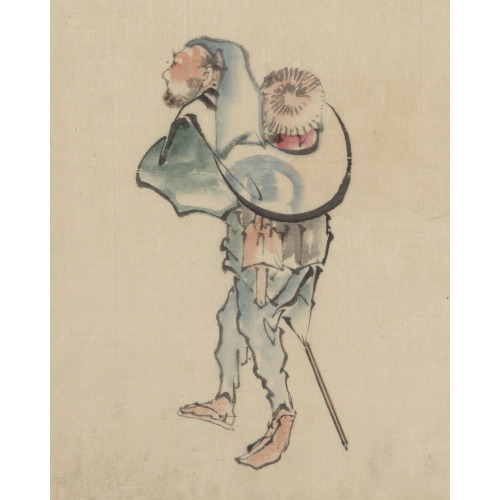 A Man Walking To The Left, With A Large Hat Resting On His Back And Wearing Sandals, Holding A...