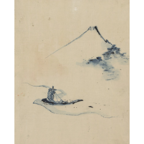A Person In A Small Boat On A River With Mount Fuji In The Background, circa 1830