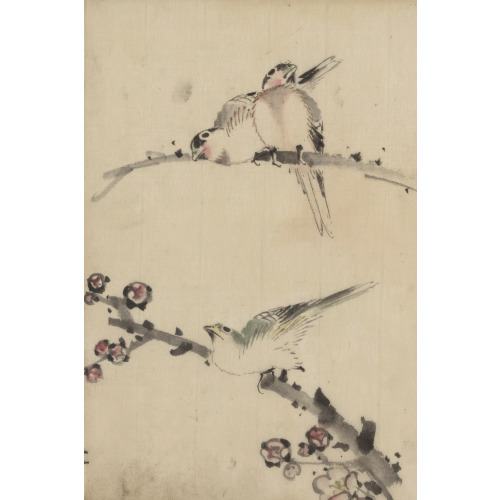 Three Birds Perched On Branches, One With Blossoms, circa 1830