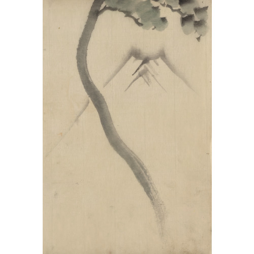 A Tree Trunk With Branch And Leaves In The Foreground, With View Of Mount Fuji In The...