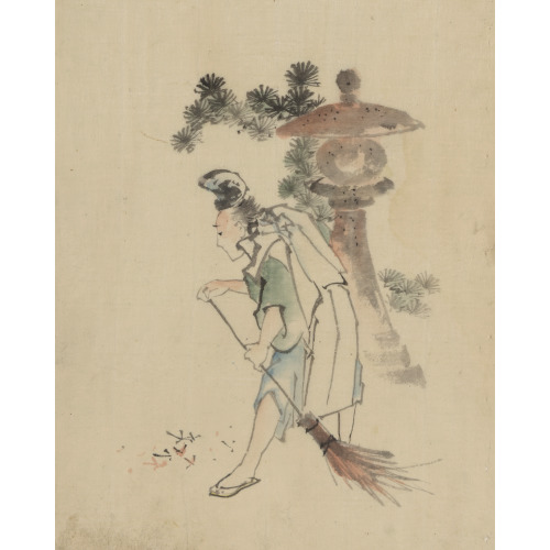 A Man Sweeping Pine Needles That Have Fallen From A Tree Near A Stone Shrine, circa 1830