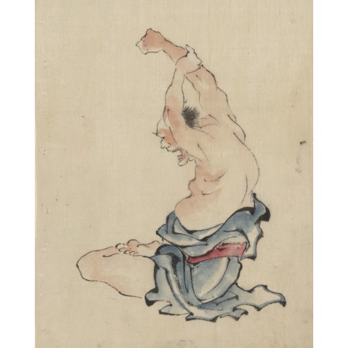 A Man, Bare-Chested, Sitting Cross-Legged With Arms Raised Over His Head, Stretching Or...