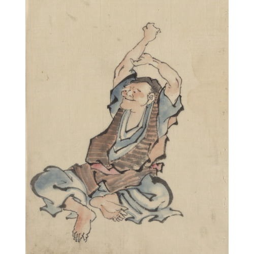 A Man, Facing Left, Wearing Several Layers Of Clothing, Sitting With Arms Raised Over His Head...
