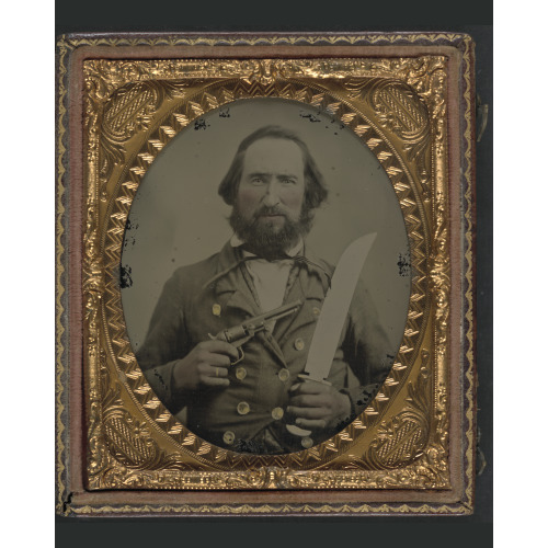 Unidentified Soldier In Confederate Uniform With Large Bowie Knife And Revolver, circa 1861