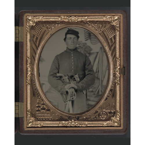 Unidentified Soldier In Union Uniform With Two Colt Revolvers And Cavalry Sword In Front Of...