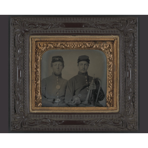 Two Unidentified Soldiers In Union Uniforms With Linked Arms; One Holding Bugle, circa 1861