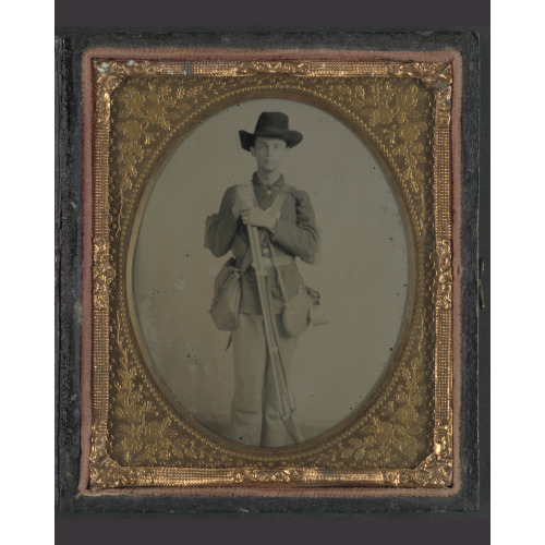 Unidentified Soldier In Uniform With Musket, Canteen, Cup, And Haversack; Either Confederate Or...