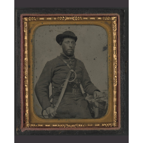 Unidentified Soldier In Confederate Uniform And Virginia Sword Belt Plate With Revolver And...