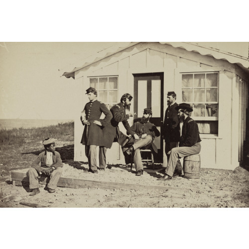 Five Civil War Soldiers Gathered On Dirt Porch, circa 1861