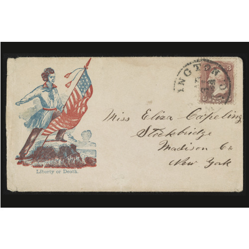 Civil War Envelope Showing Soldier Holding American Flag, With Message Liberty Or Death, circa 1861